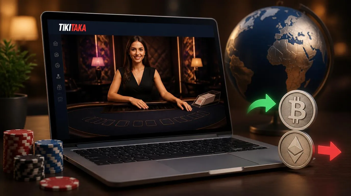 Écran de jeu avec croupier en direct, symboles de cryptomonnaie et globe discret